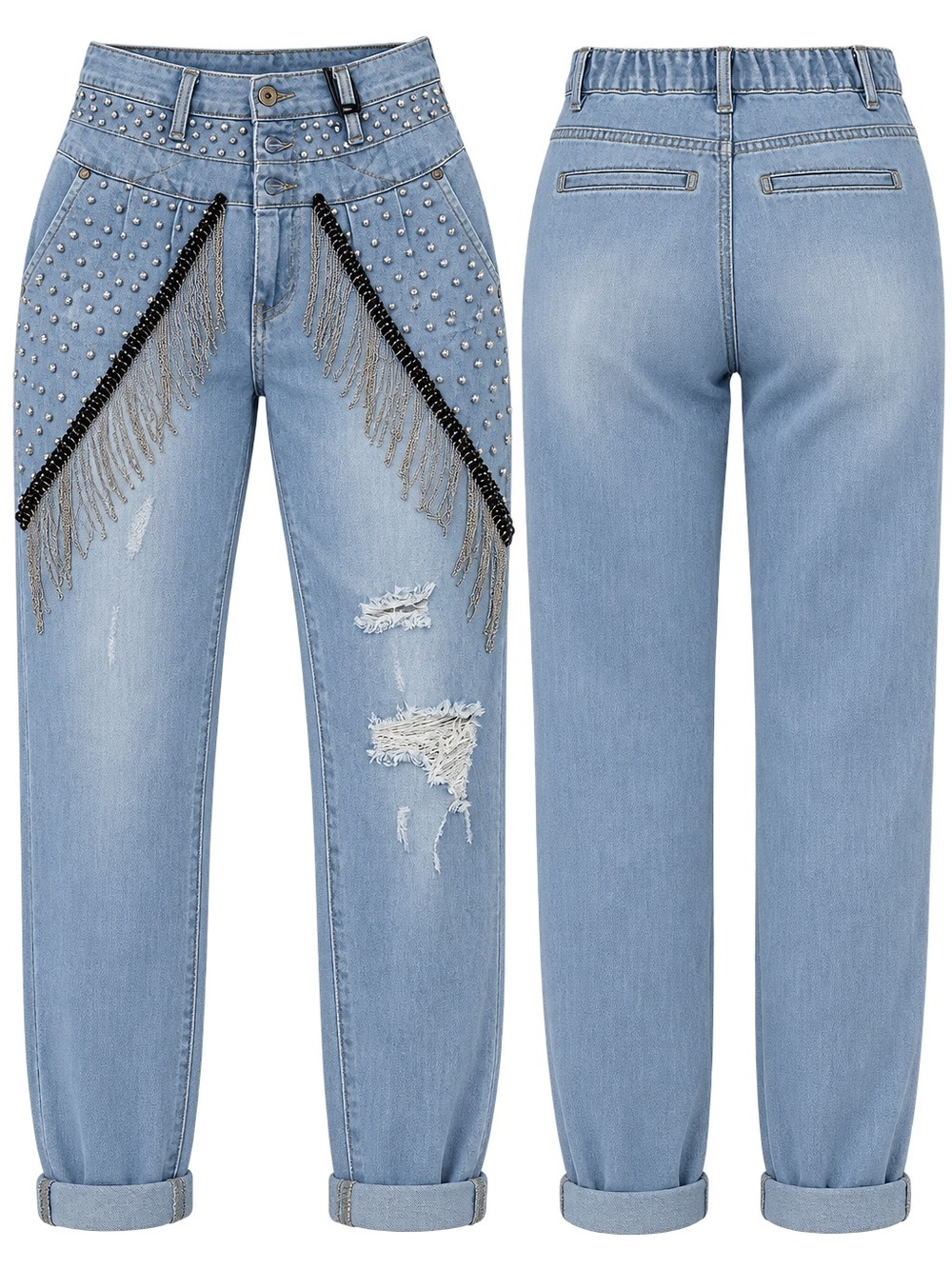 Q2 Light Blue Boyfriend Jeans with Studs, Black Bead Trim & Silver Fringe
